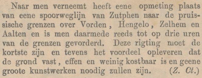 Spoorlijn Zutphen-Aalten - Arnhemsche Courant, 08-09-1865