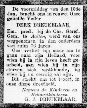 Overlijdensadvertentie Derk Breukelaar (1814-1891) - De Standaard, 14-01-1891