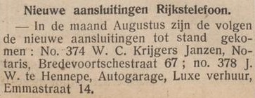 Nieuwe aansluitingen Rijkstelefoon, Krijgers Janzen & Te Hennepe - De Graafschapper, 08-09-1939