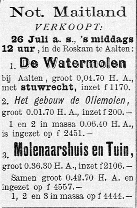 Notaris Maitland verkoopt watermolen, oliemolen en huis in Aalten - Graafschapbode, 23-07-1890
