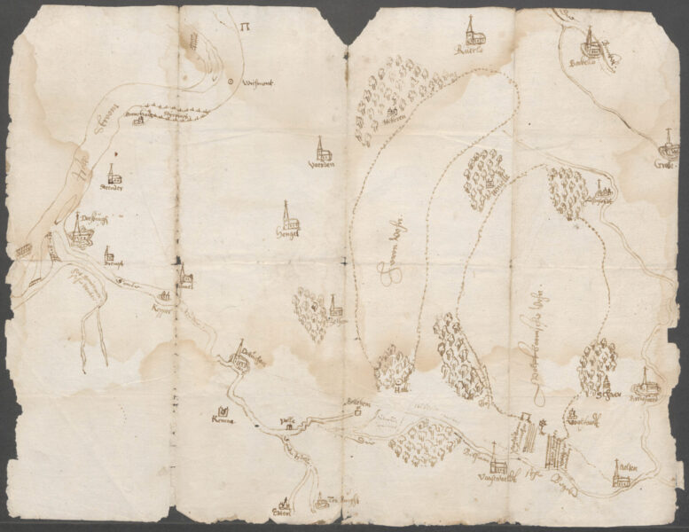 Schetskaart van de geprojecteerde turfvaart van de Berkel naar Varsseveld door het Wolfboomsche Veen, circa 1615