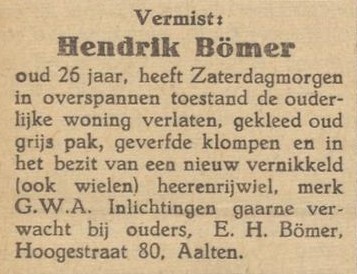 Hendrik Bömer vermist - Aaltensche Courant, 04-09-1945