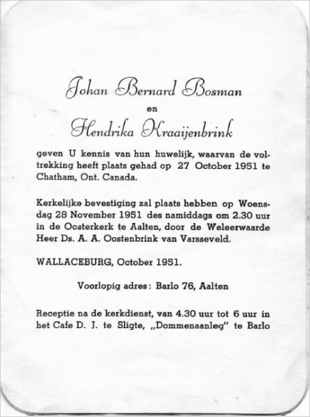 Trouwkaart J.B. Bosman - H. Kraaijenbrink, 27-10-1951