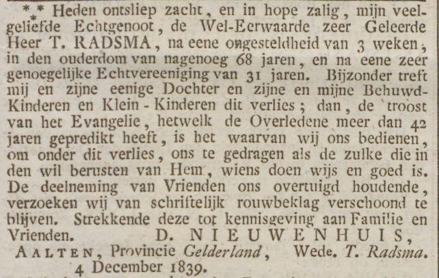 Overlijden Ds. Tjeerd Radsma, 04-12-1839