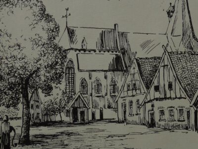 Markt Aalten met kerk en knekelhuisje, ca. 1740 - getekend door Piet te Lintum