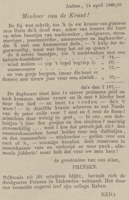 Doodgraver Prinsen leeft nog - Zutphensche Courant, 16-04-1889