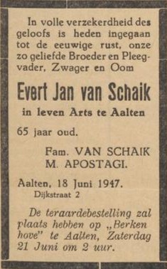 E.J. van Schaik, arts te Aalten overleden - Aaltensche Courant, 20-06-1947