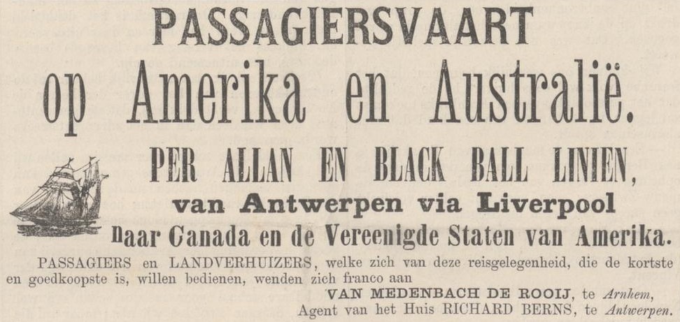 Allan Line, Antwerpen-Liverpool-Canada - Arnhemsche Courant, 11-09-1869