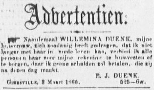 Willemina Duenk - Sheboygan Nieuwsbode, 07-03-1860