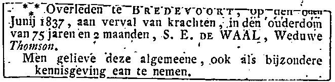 Overlijdensadvertentie Susanna Elisabeth Thomson-De Waal (1837)