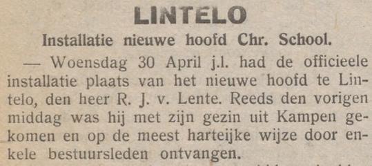 Installatie nieuwe hoofd Chr. school te Lintelo, R.J. van Lente